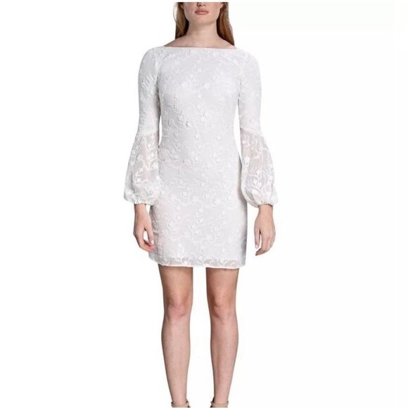 NWT Dress the Population Evelyn Textured Floral Shift White Dress - Picture 1 of 6